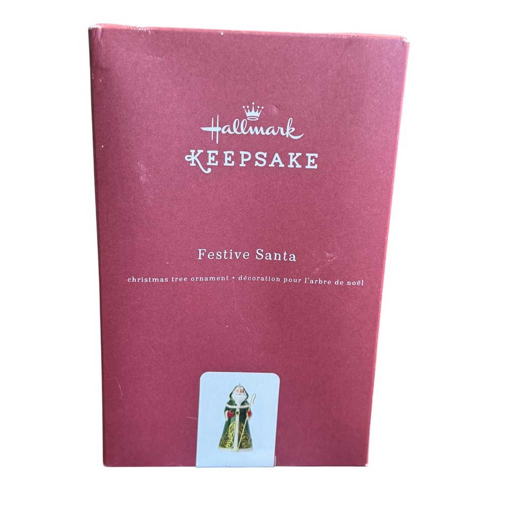 Hallmark Keepsake Festive Santa Ornament Green Gold Edythe Kegrize Ceramic Metal - Picture 3 of 4
